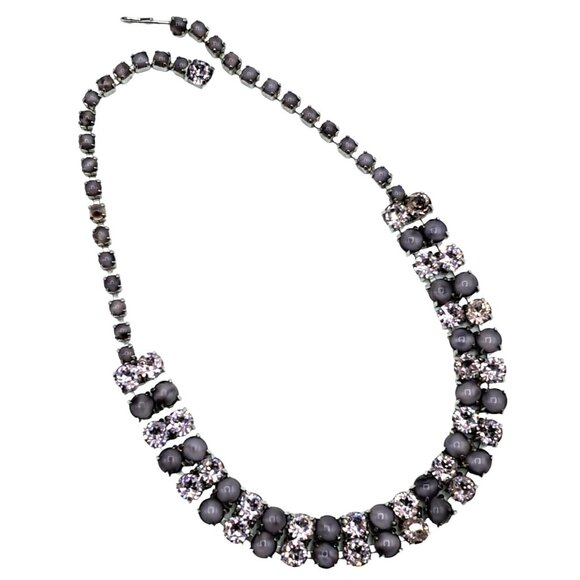 Vintage Jewelry - Vintage Rhinestone Choker Necklace Lavender Purple Cats Eye Satin Glass Costume